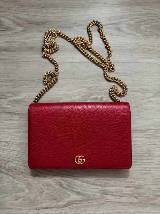 Gucci Handbags - Gucci Red Leather Crossbody Wallet with Gold Chain